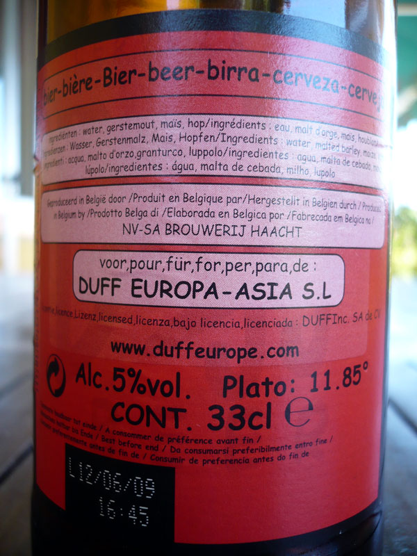 Etichetta posteriore della birra Duff